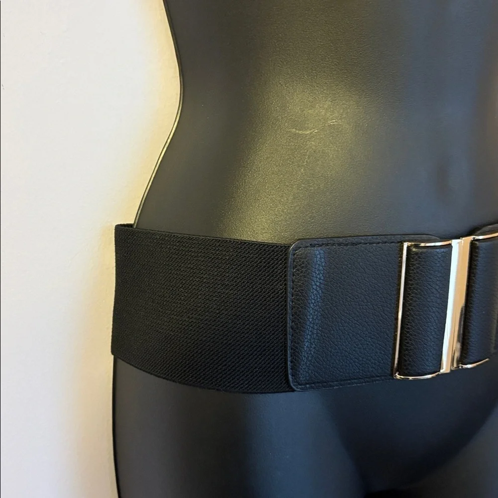 Mijiu Black Wide Hook Closure Faux Leather Elastic Belt